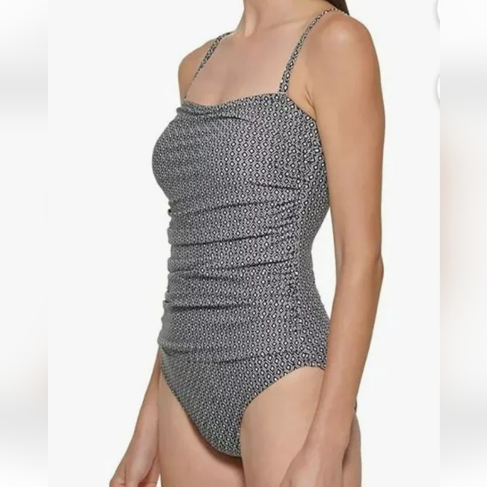DKNY One piece Swimsuit Black White Diamond Stretchy Woman Med Strapless New